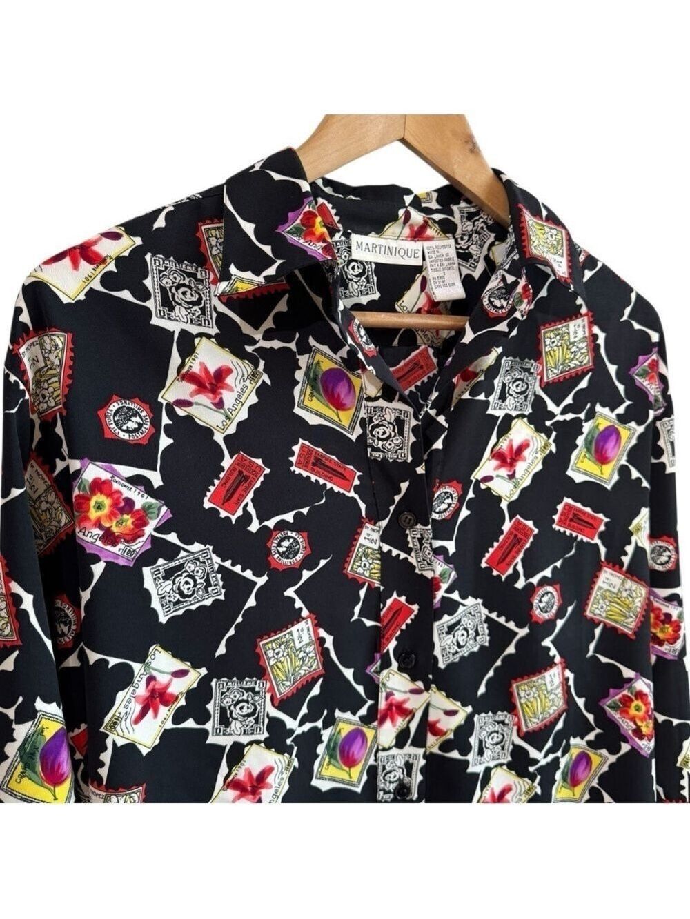 Vintage Martinique Postal Stamp Top Sz S Button Down Shirt Travel Retro Novelty